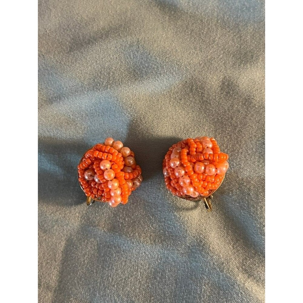 Vintage Orange Beaded Cluster Clip-On Earrings